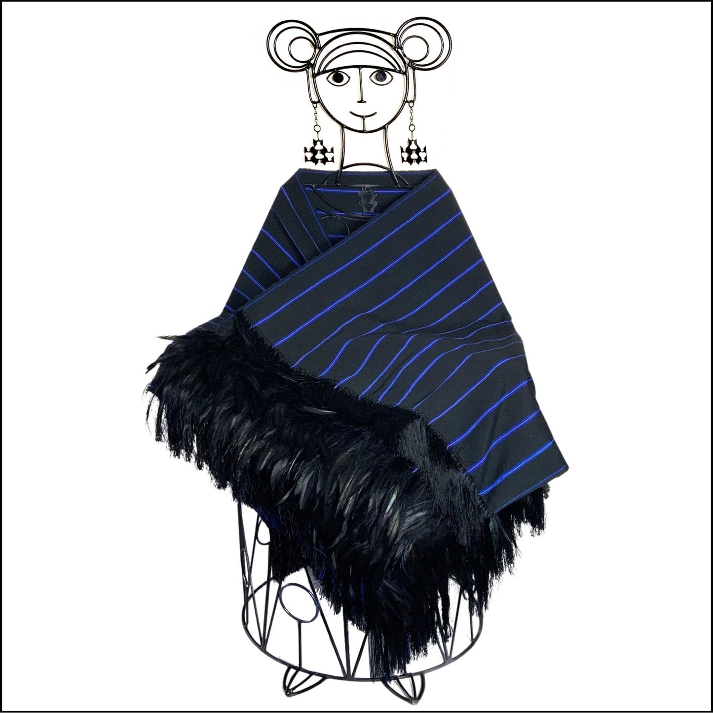 Black with Blue white stripe Purepecha rebozo with fringe and raven feathers - Mexican Oaxacan Silver Jewelry