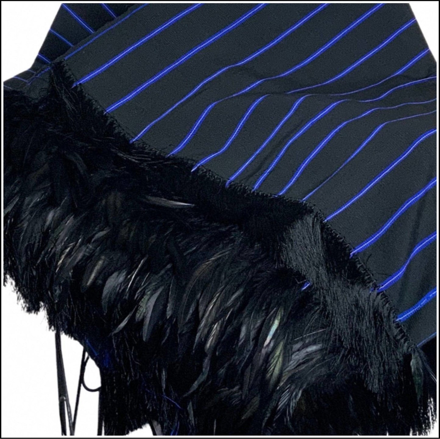Black with Blue white stripe Purepecha rebozo with fringe and raven feathers - Mexican Oaxacan Silver Jewelry