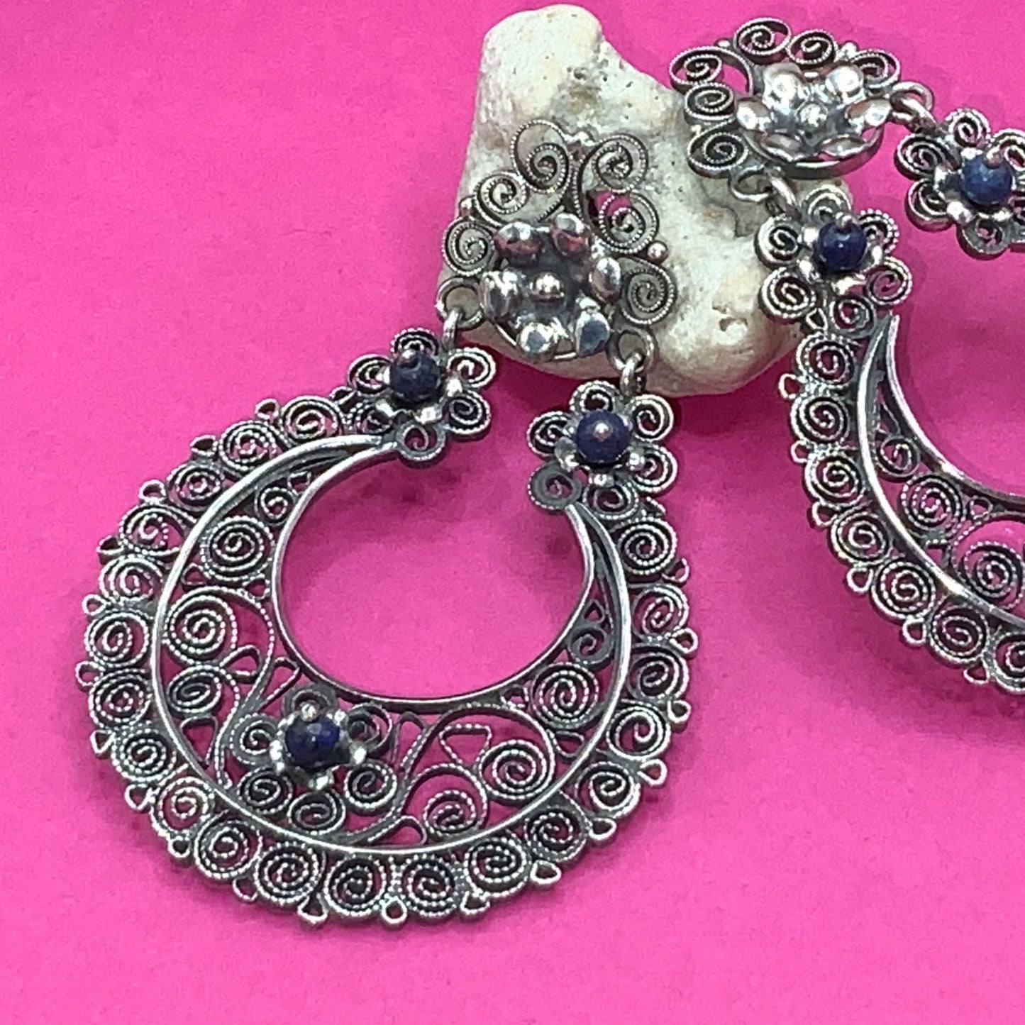 Mexican Oaxaca amethyst silver filigree earrings- Long, dangles, Frida Kahlo style.