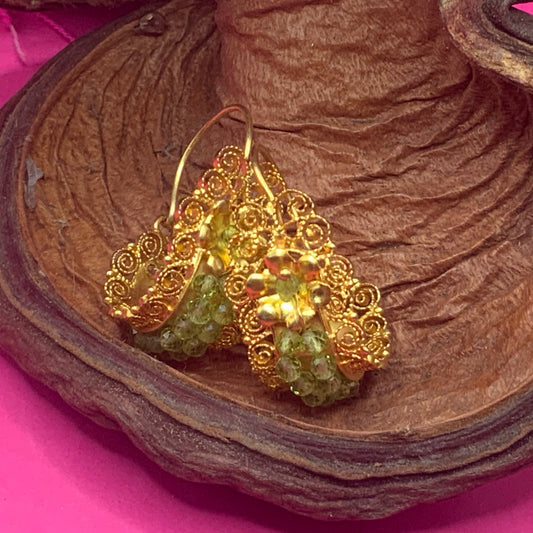 Small 24 karat gold vermeil Gusano hoop Mexican Oaxacan earrings with green peridot - Mexican Oaxacan Silver Jewelry