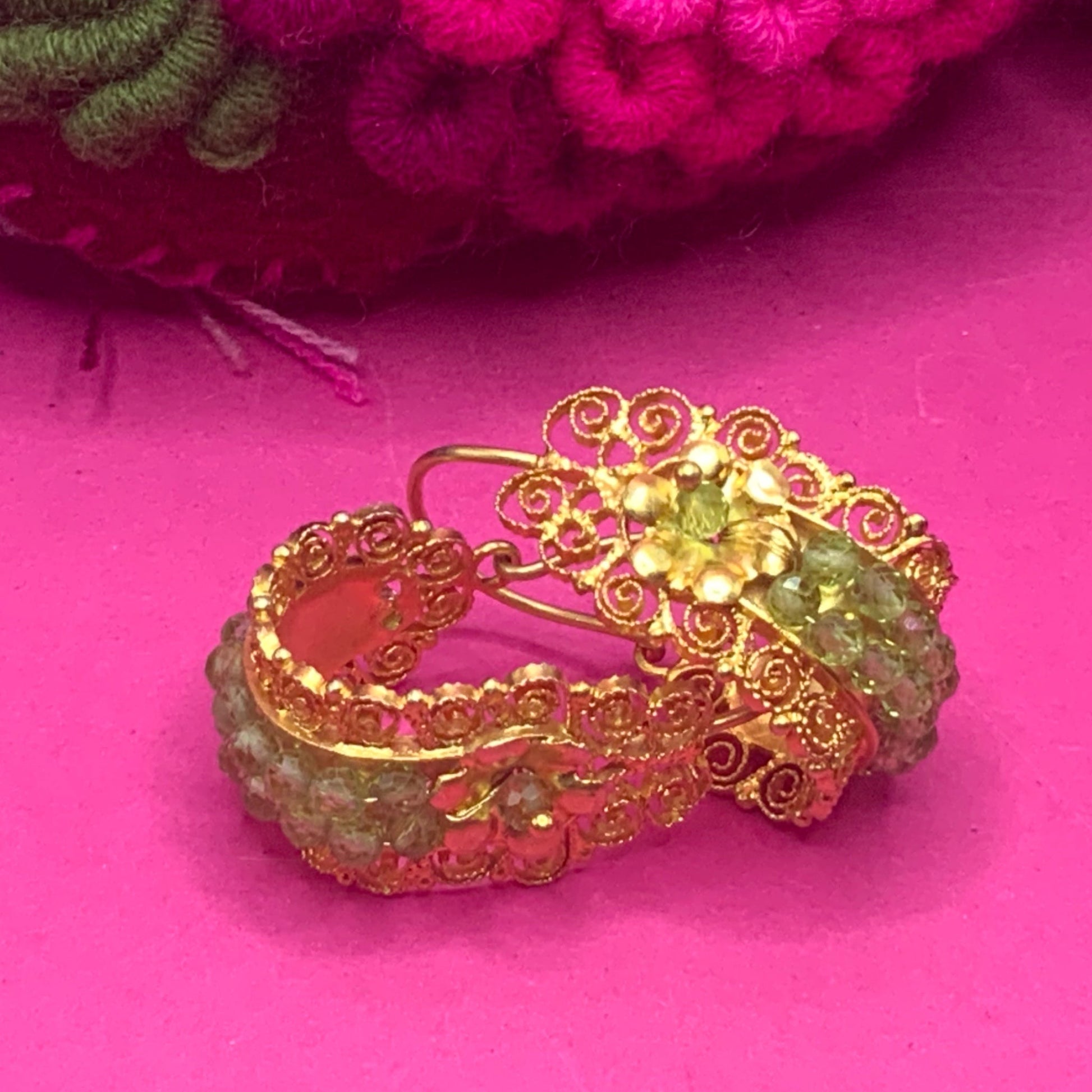 Small 24 karat gold vermeil Gusano hoop Mexican Oaxacan earrings with green peridot - Mexican Oaxacan Silver Jewelry