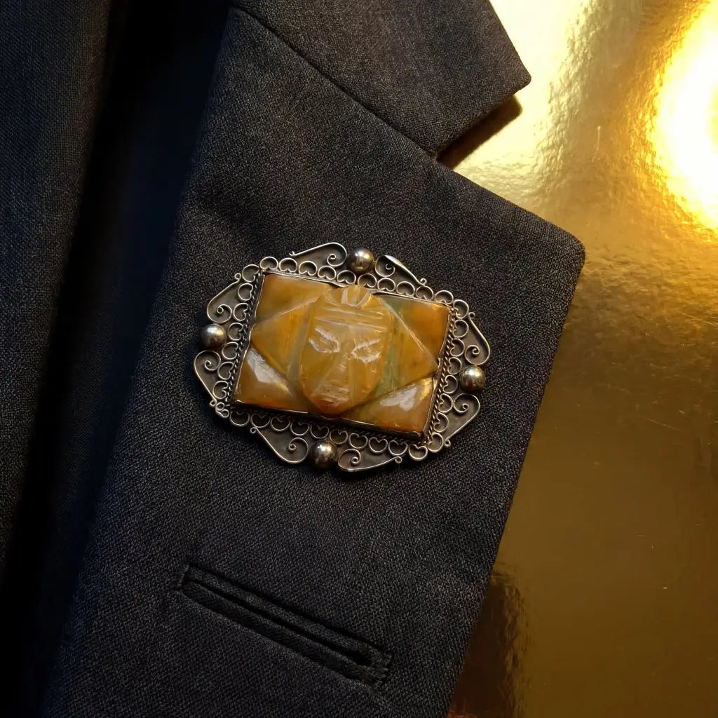 1940 Vintage Taxco Silver Pin with Carved Agate, Antique
