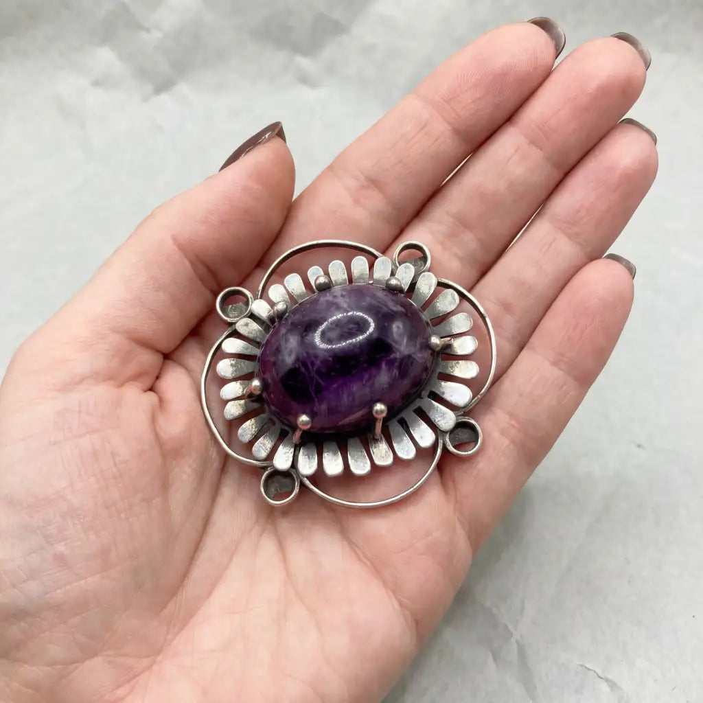 Vintage 1940 Taxco Silver Pin with Amethyst, Antique