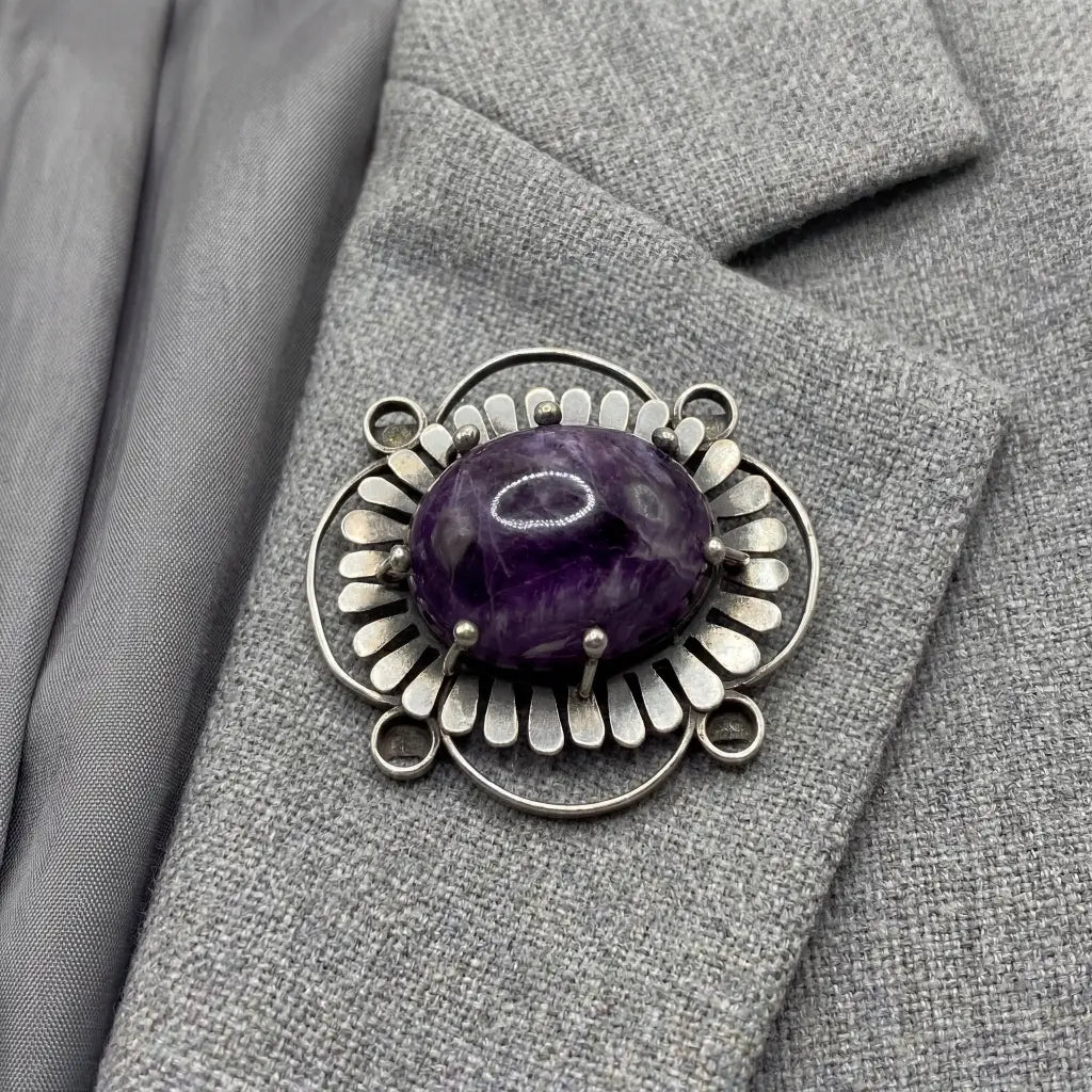 Vintage 1940 Taxco Silver Pin with Amethyst, Antique