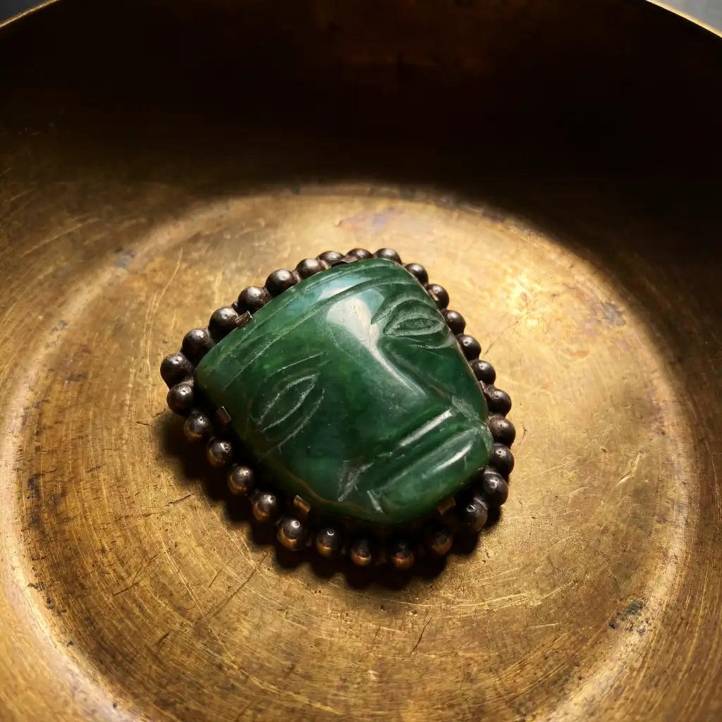1940 Vintage Taxco Silver Pin with Carved Green Obsidian,