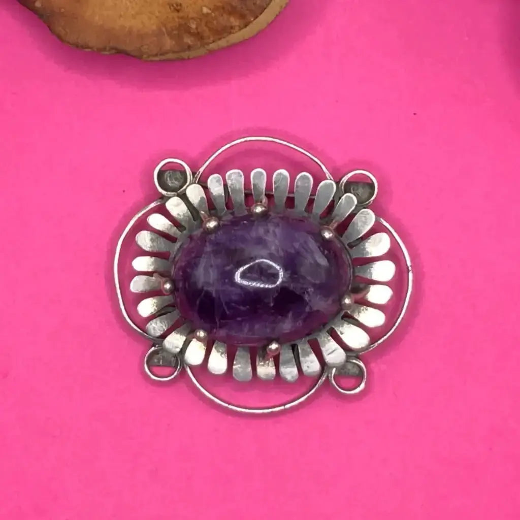 1940 Vintage Taxco silver pin with amethyst