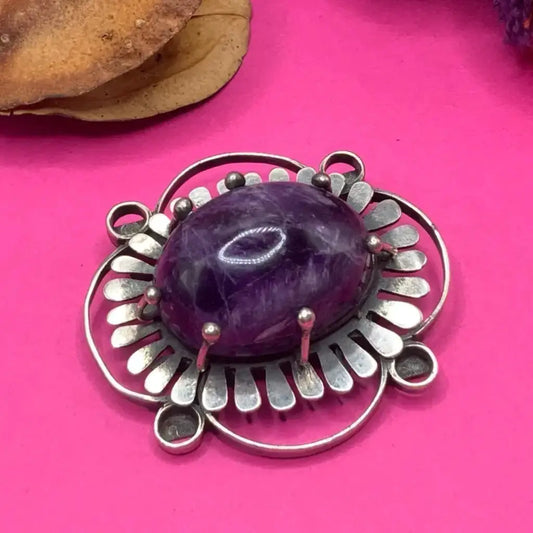 1940 Vintage Taxco silver pin with amethyst