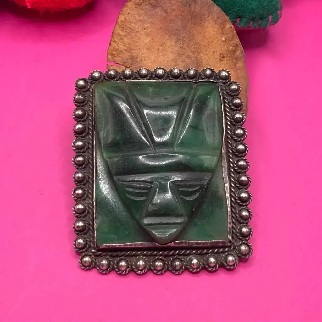 1940 Vintage Taxco silver pin with carved green obsidian