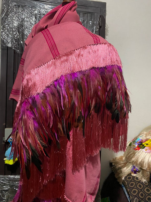 Purepecha rebozo with fringe and feathers.