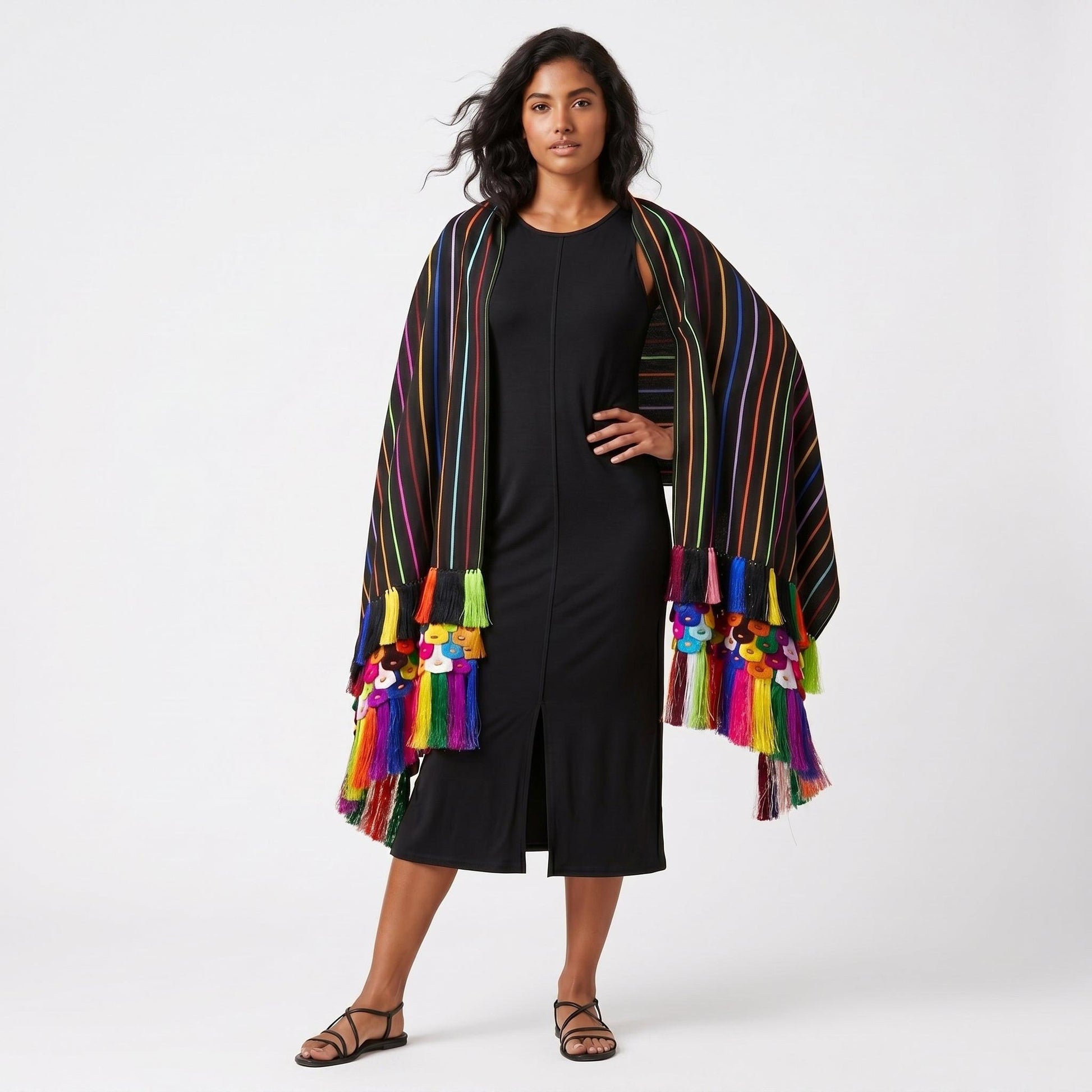 Purepecha rebozo with fringe and stripes.