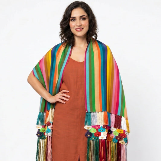 Purepecha rebozo with fringe and stripes.