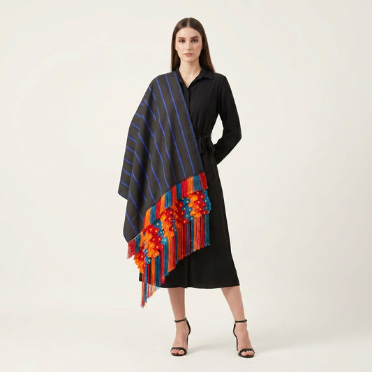Purepecha rebozo with fringe and stripes.
