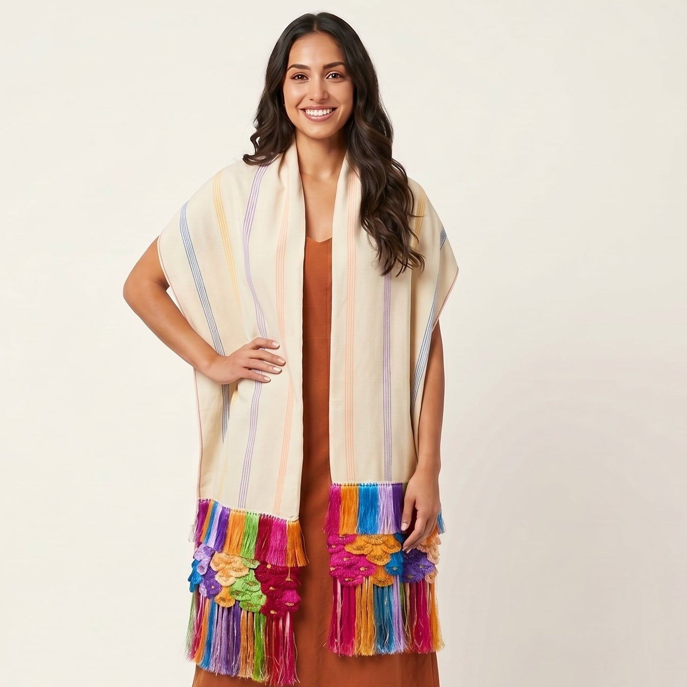 Purepecha striped rebozo shawl handwoven on backstrap loom with silk fringe, full length Michoacán