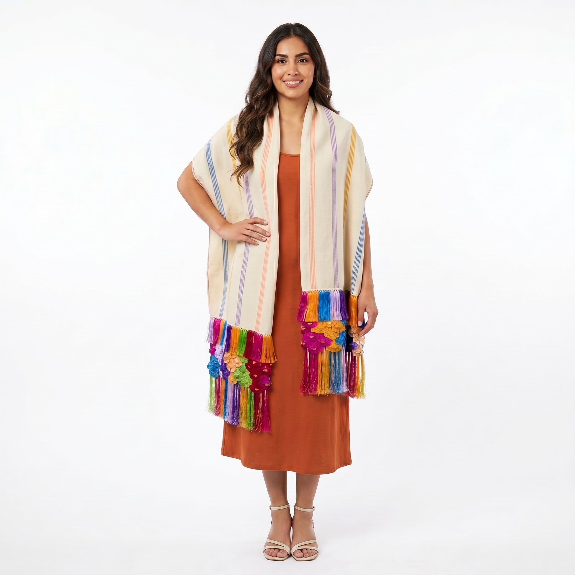 Full drape of Purepecha cotton rebozo with bold stripe composition and hand-tied silk rapacejo fringe