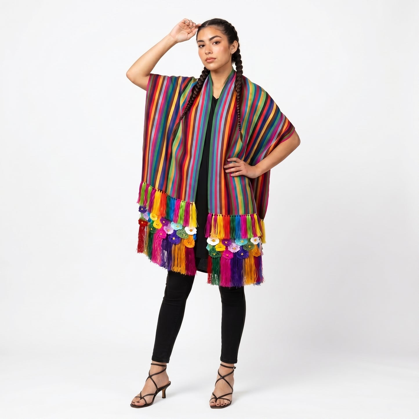 Striped Purepecha handwoven cotton rebozo with hand-tied silk fringe, full length