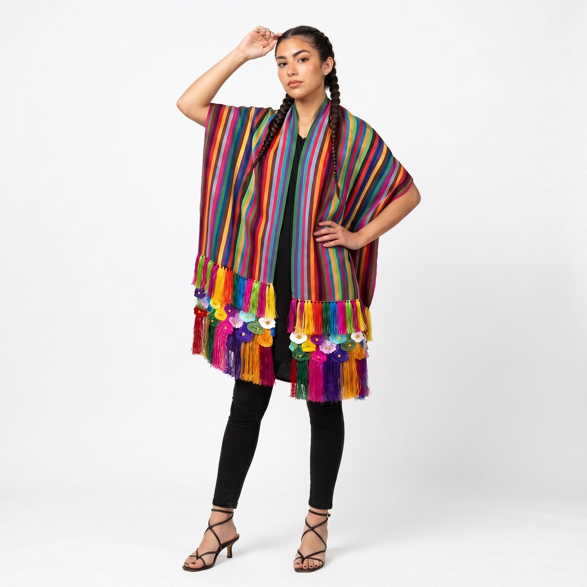 Striped Purepecha handwoven cotton rebozo with hand-tied silk fringe, full length