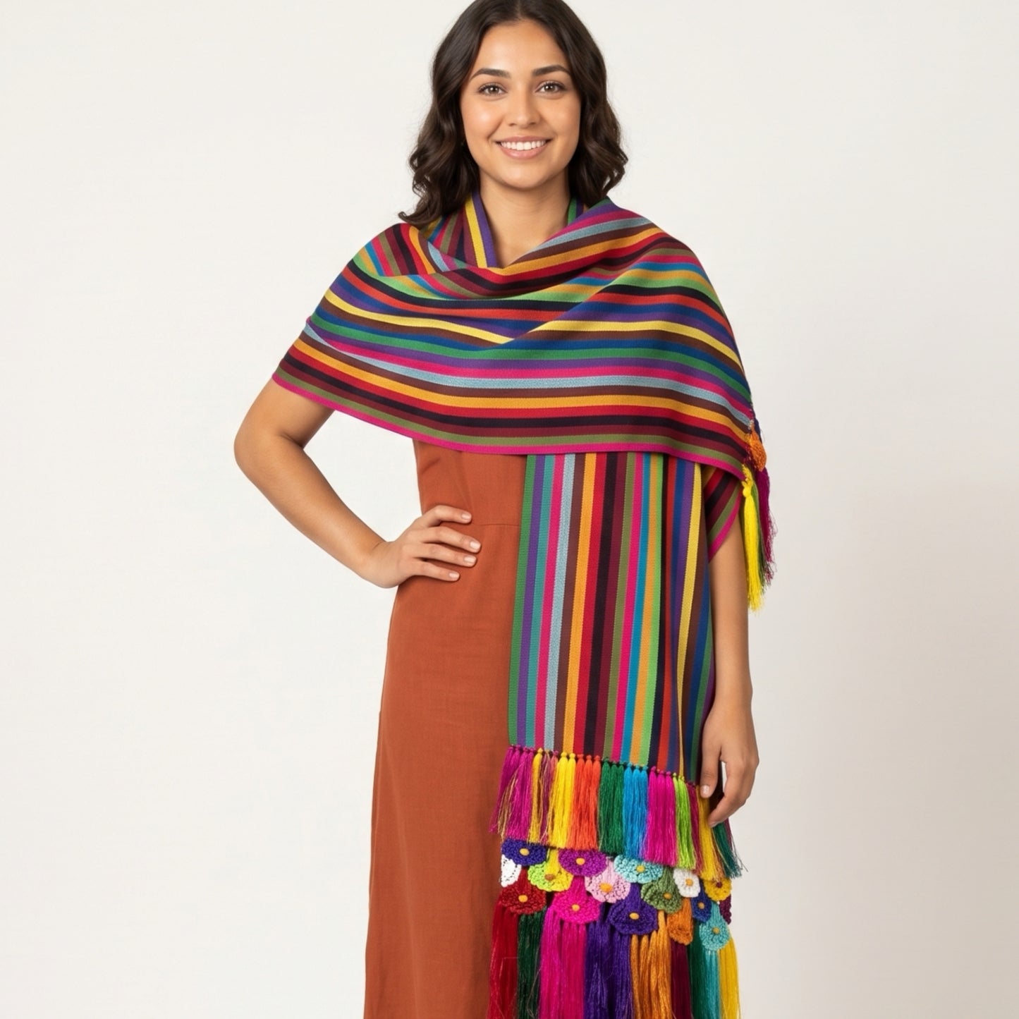 Close-up of silk rapacejo fringe on striped Purepecha rebozo from Michoacán