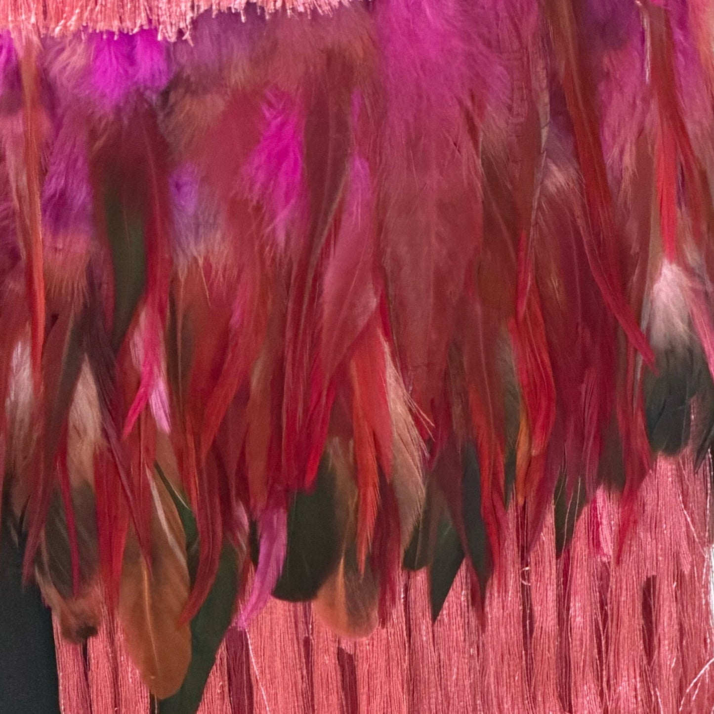 Side drape view of handwoven Purepecha rebozo from Michoacán showing fringe length and textile depth