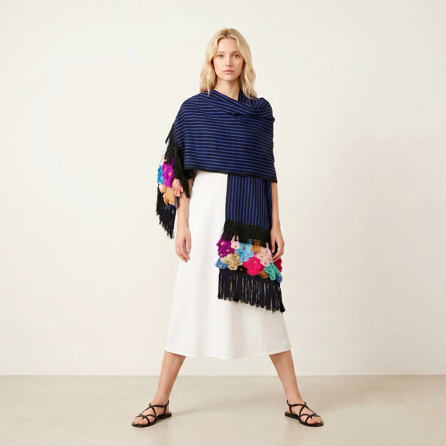 Blue-stripe Purepecha handwoven cotton rebozo with hand-tied silk fringe, full length view