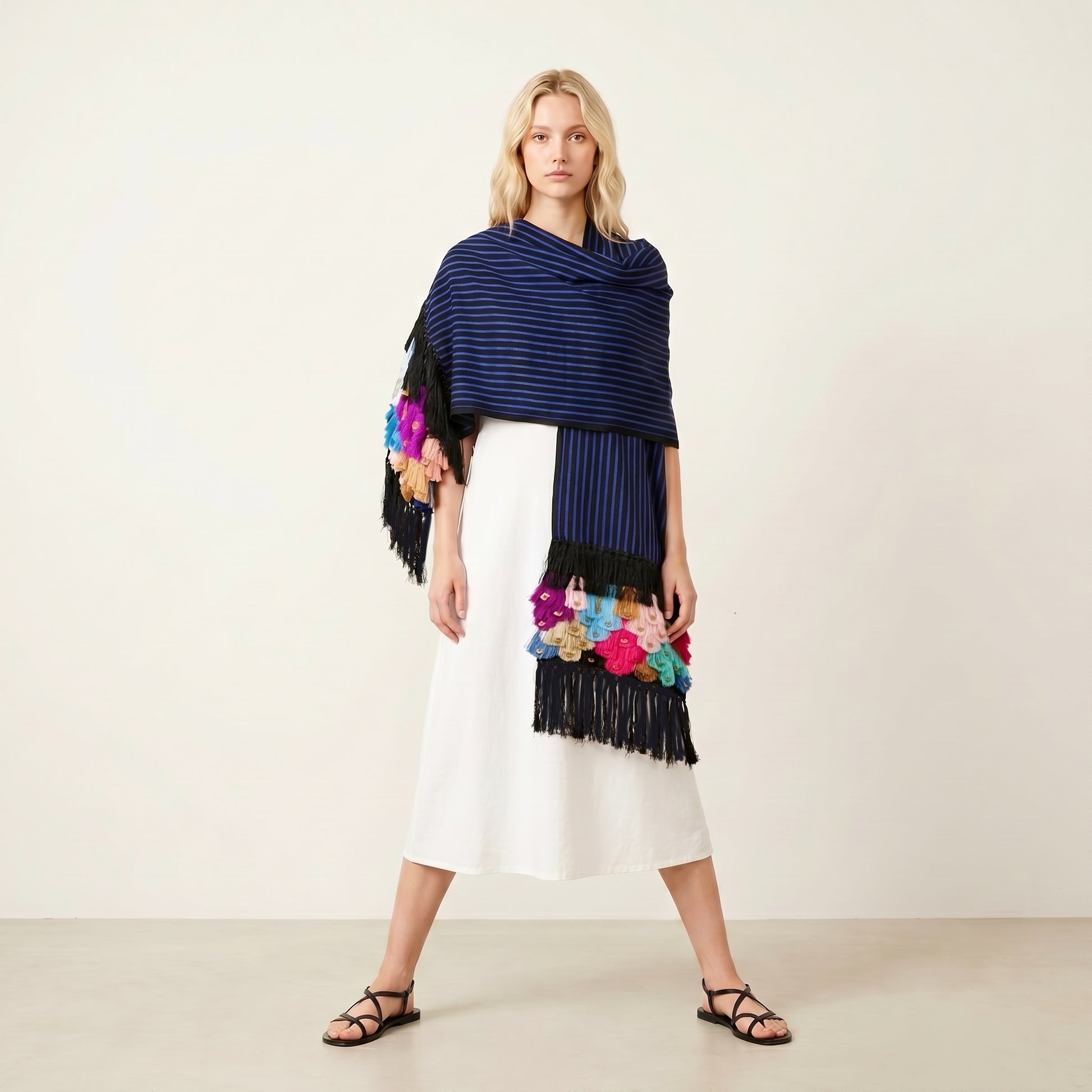 Blue-stripe Purepecha handwoven cotton rebozo with hand-tied silk fringe, full length view