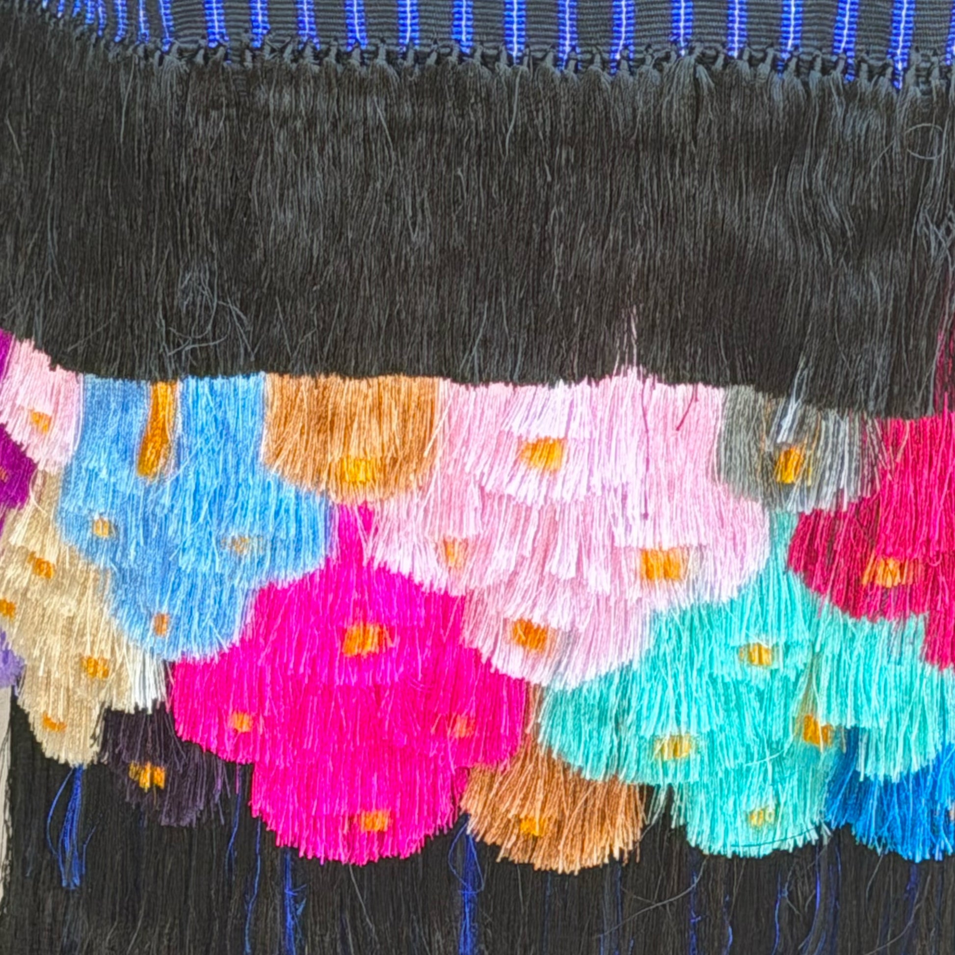 Flat lay of blue-stripe Purepecha rebozo showing full 30-inch width from Michoacán
