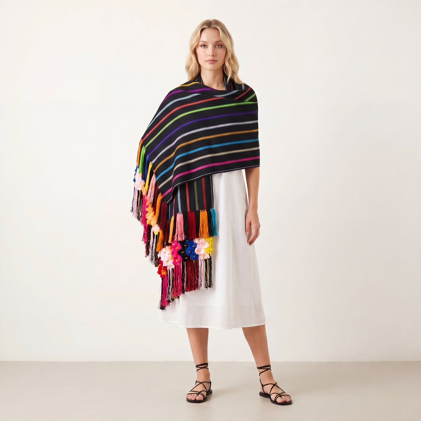 Purepecha rebozo with bold multicolor stripes and hand-tied silk rapacejo fringe, Michoacán Mexico