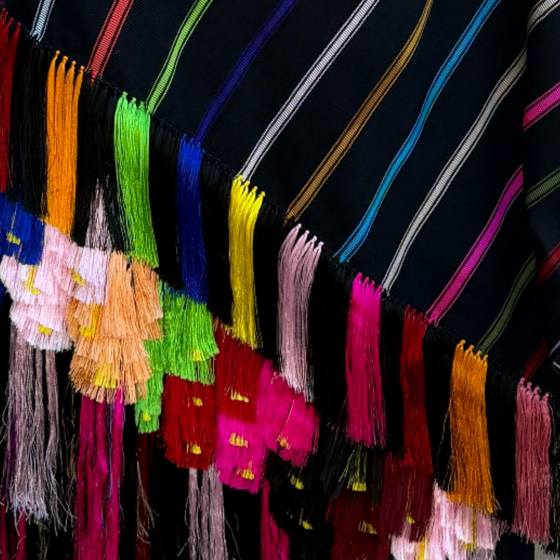 Full-length view of striped Purepecha cotton rebozo draped showing 76-inch length and fringe detail
