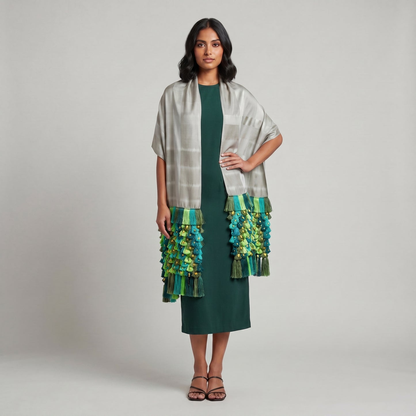 Award-winning Purepecha ikat rebozo in cotton with hand-tied silk fringe, full 76-inch length