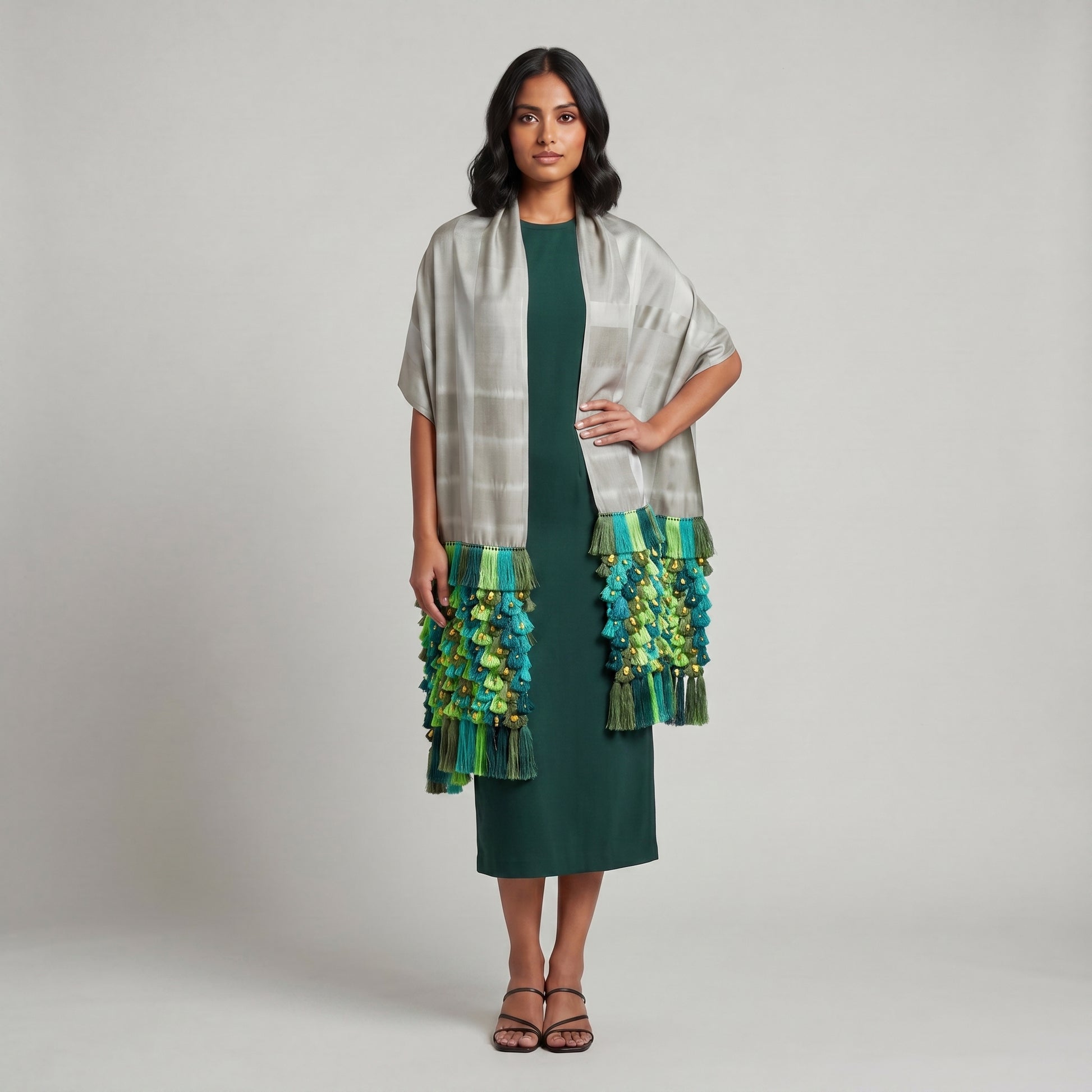 Award-winning Purepecha ikat rebozo in cotton with hand-tied silk fringe, full 76-inch length