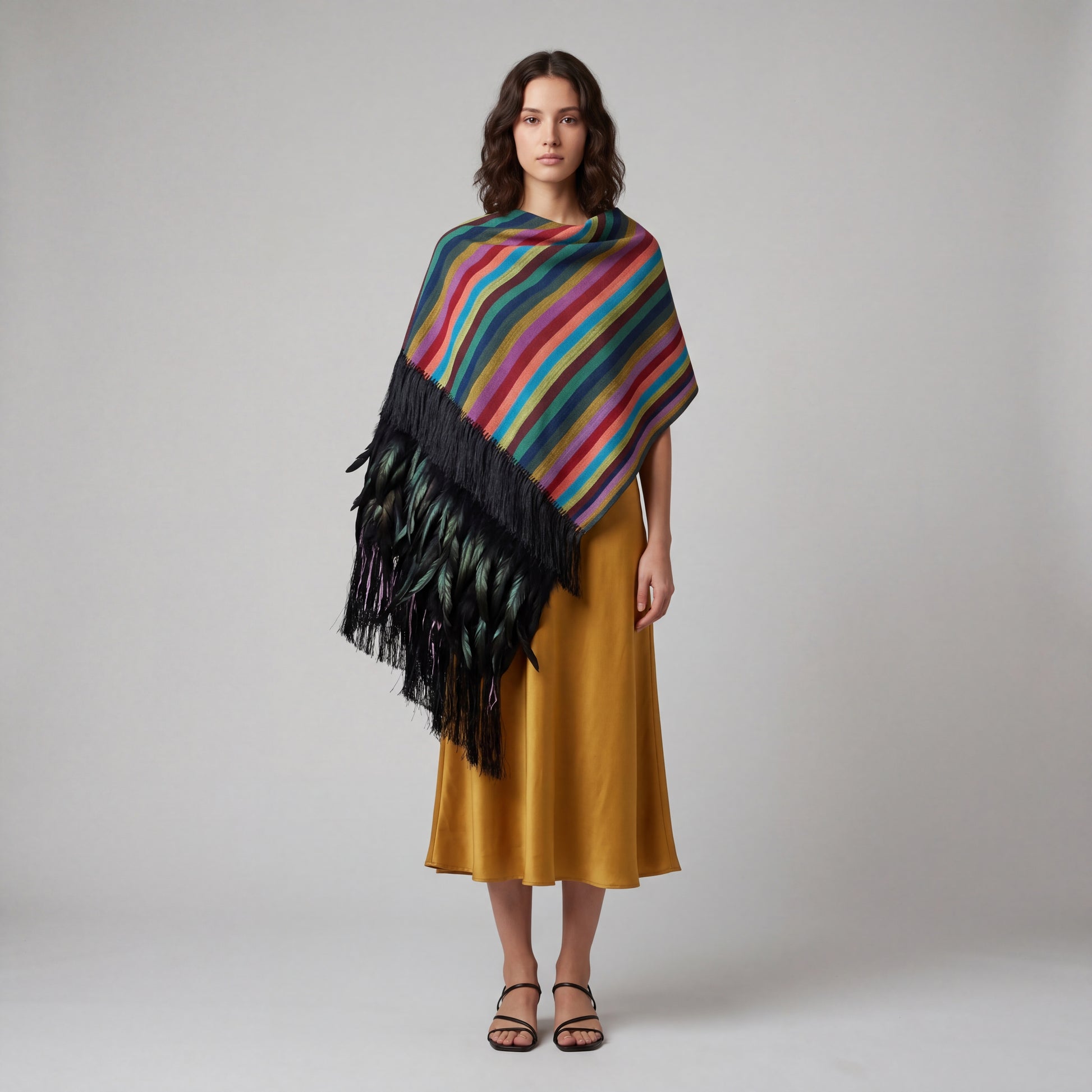 Close-up of hand-tied silk rapacejo fringe with woven feathers on Purepecha rebozo