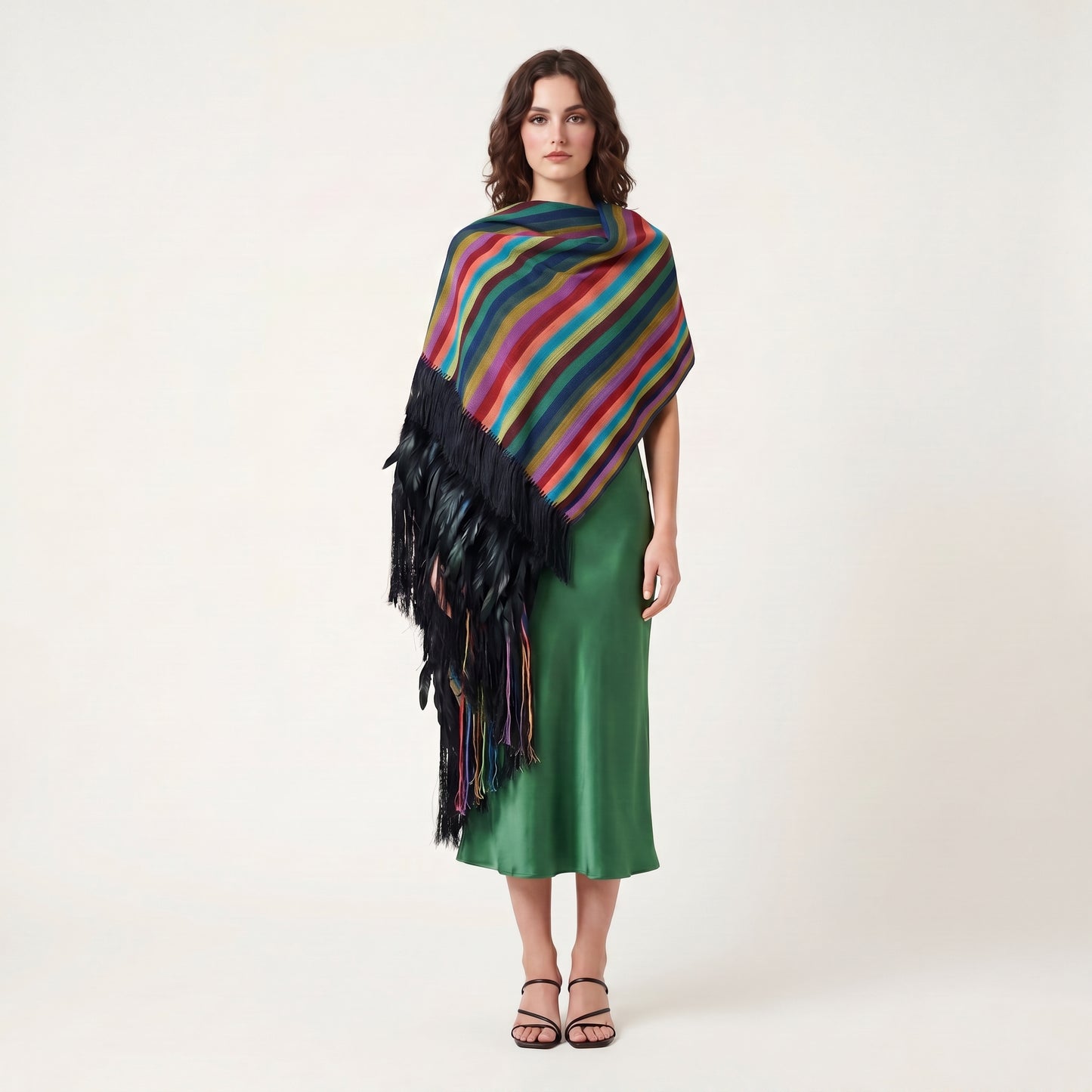 Multi-stripe Purepecha handwoven cotton rebozo with silk fringe and feathers, full length view