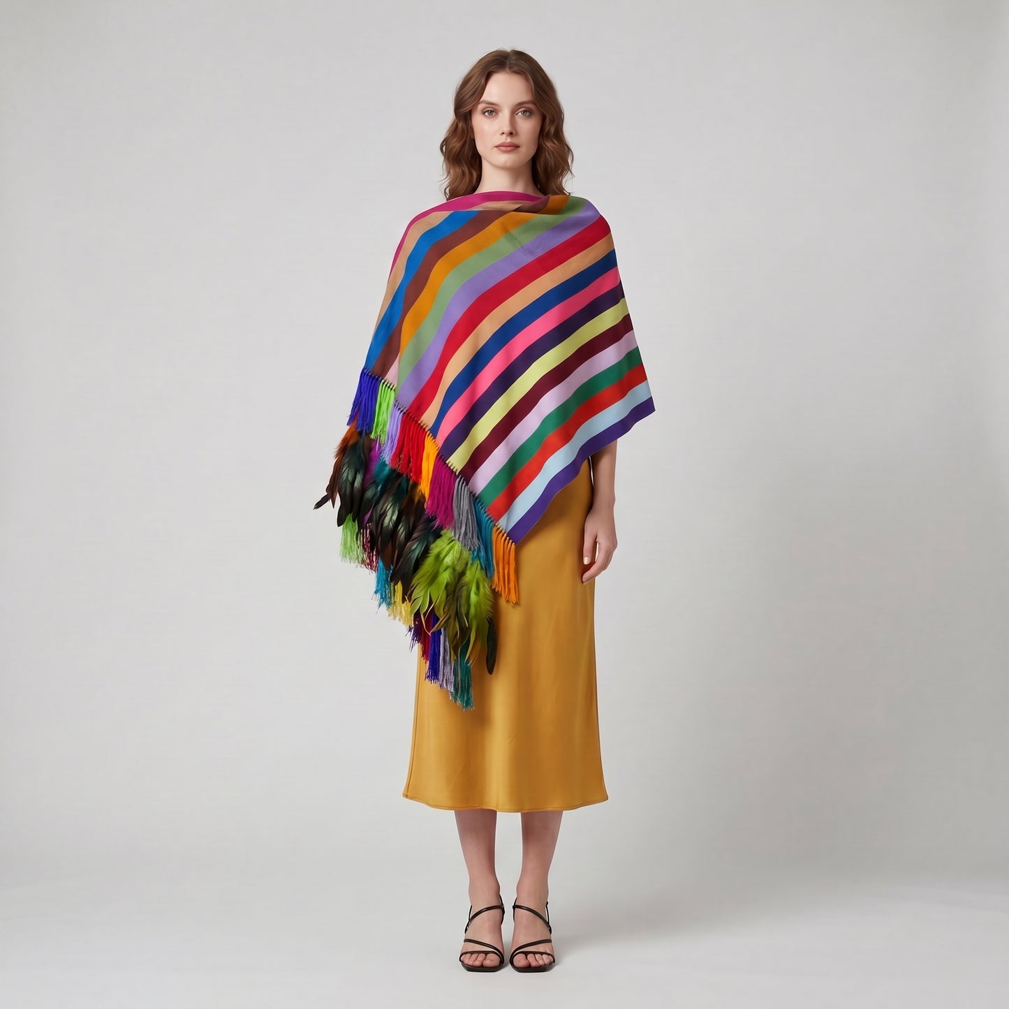 Close-up of hand-tied silk rapacejo fringe and woven feathers on Purepecha rebozo from Michoacán Mexico
