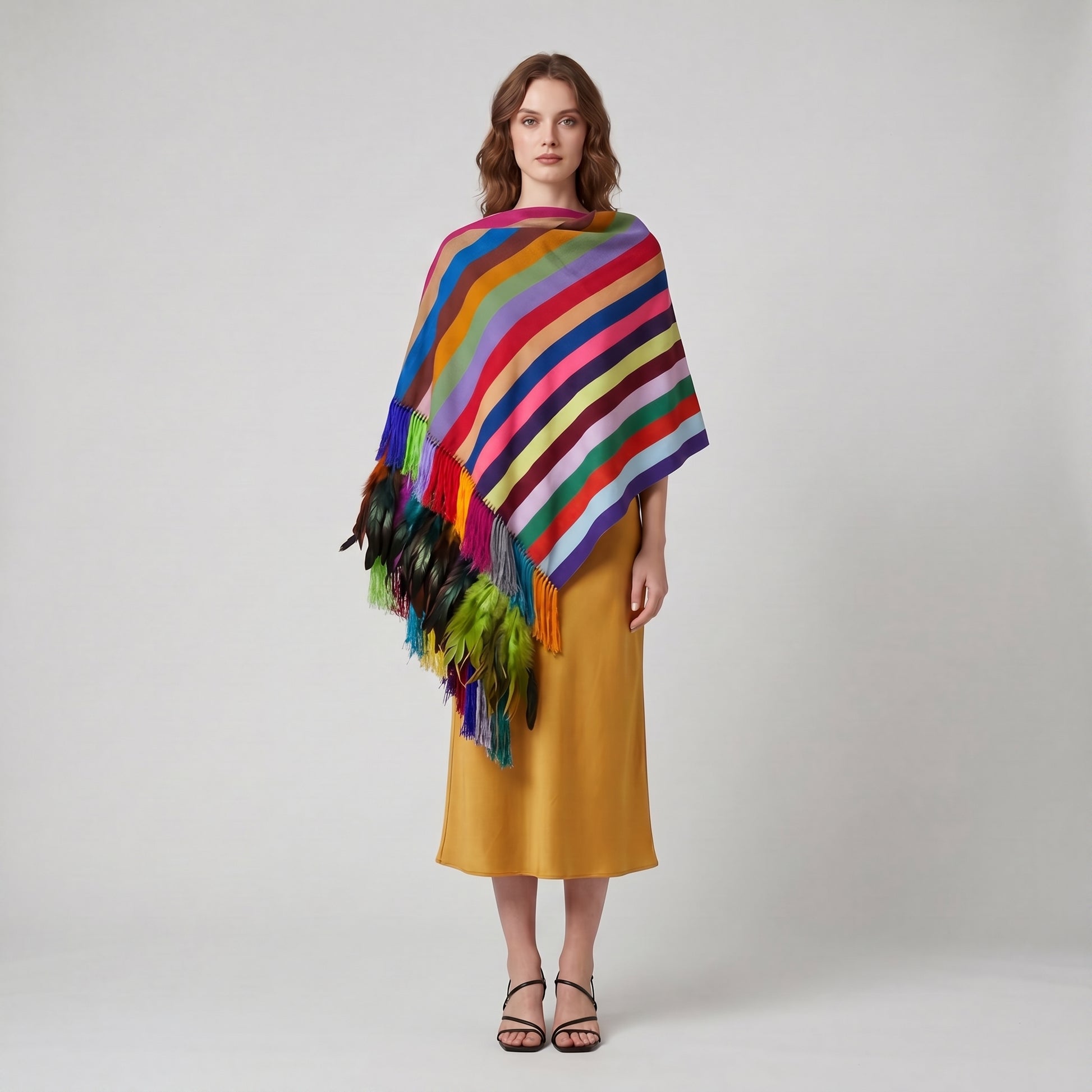 Close-up of hand-tied silk rapacejo fringe and woven feathers on Purepecha rebozo from Michoacán Mexico