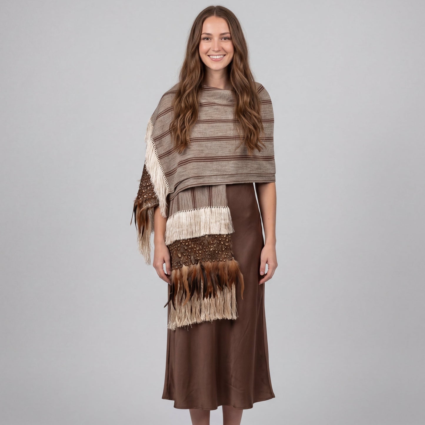 Purepecha rebozo with fringe and feathers