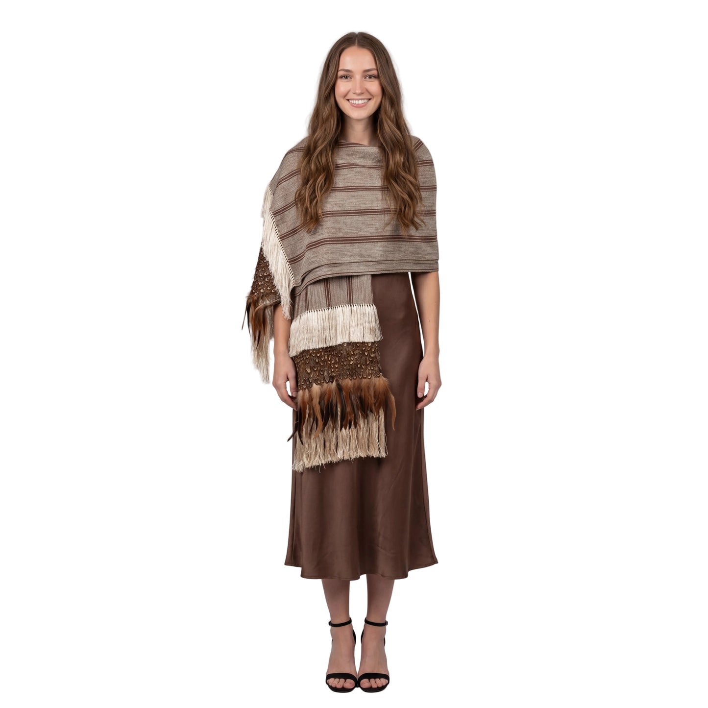 Purepecha rebozo with fringe and feathers