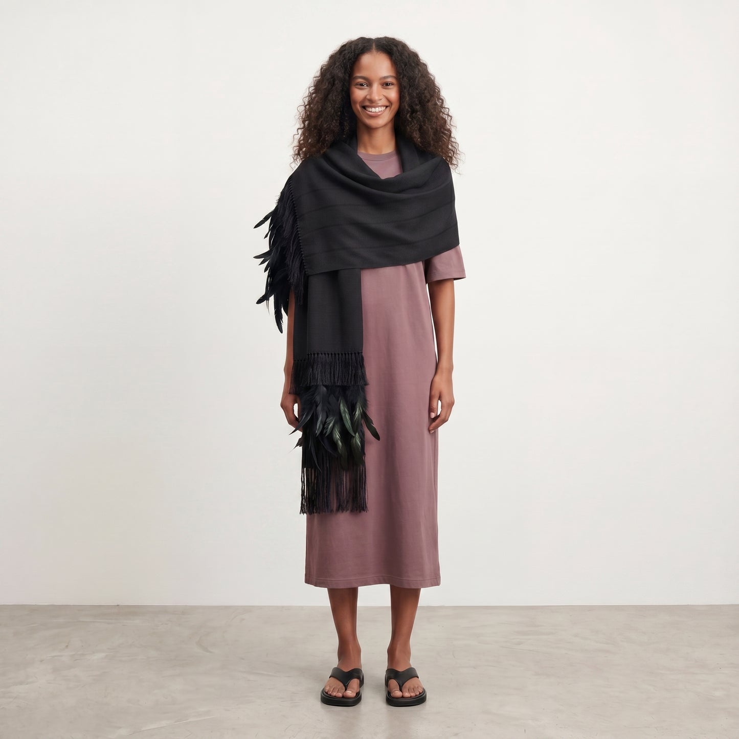 Purepecha rebozo with fringe and feathers