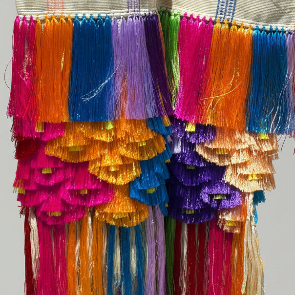 Detail of hand-tied silk flower fringe and natural feather accent on Purepecha striped rebozo