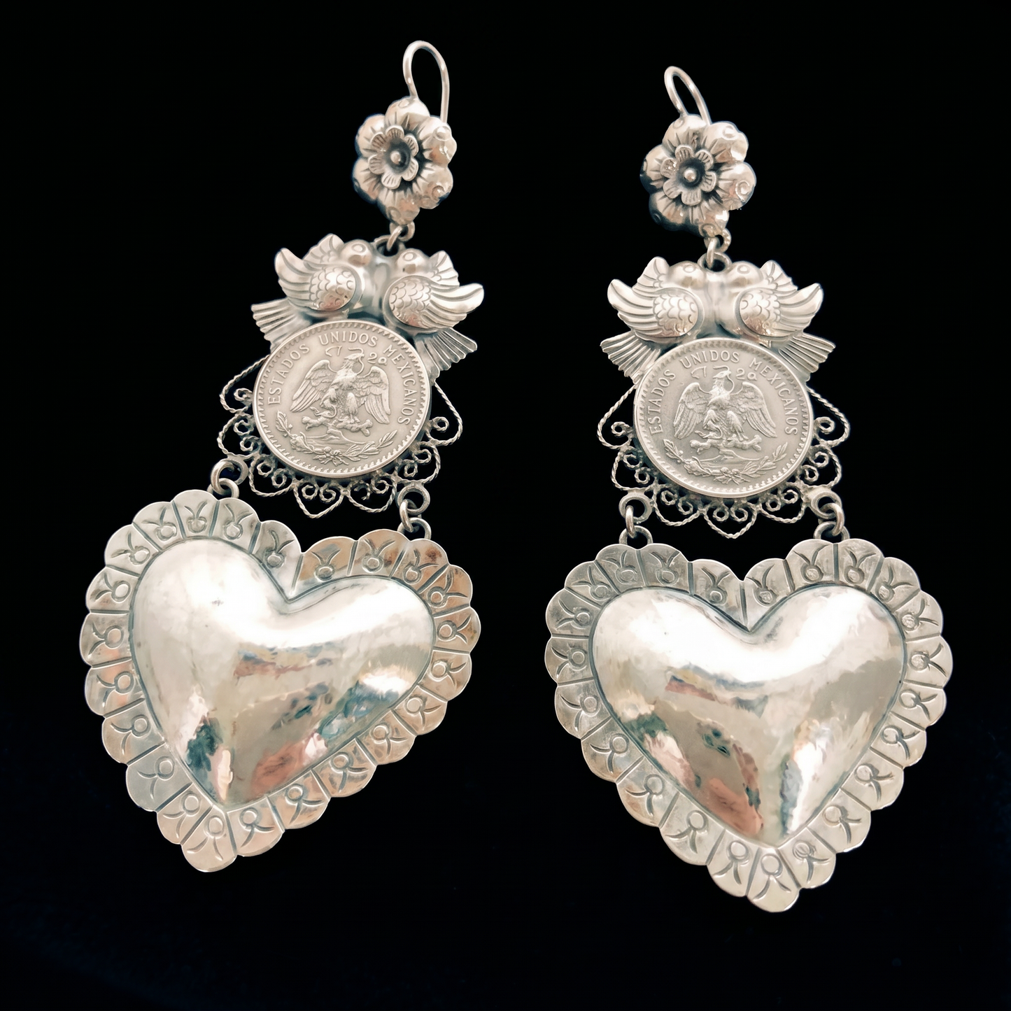 Mexican Mazahua silver dove earrings, handmade Mexican coin earrings