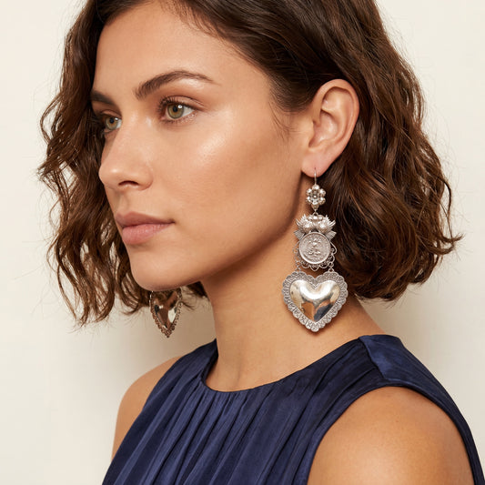 Mexican Mazahua silver dove earrings, handmade Mexican coin earrings