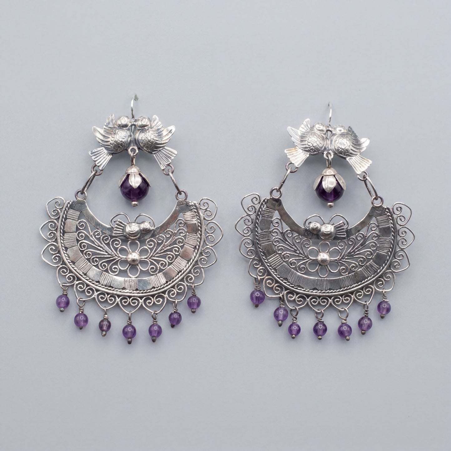 Mazahua Silver Dove Earrings with Amethyst — Handmade Mexican Wedding Filigree Earrings