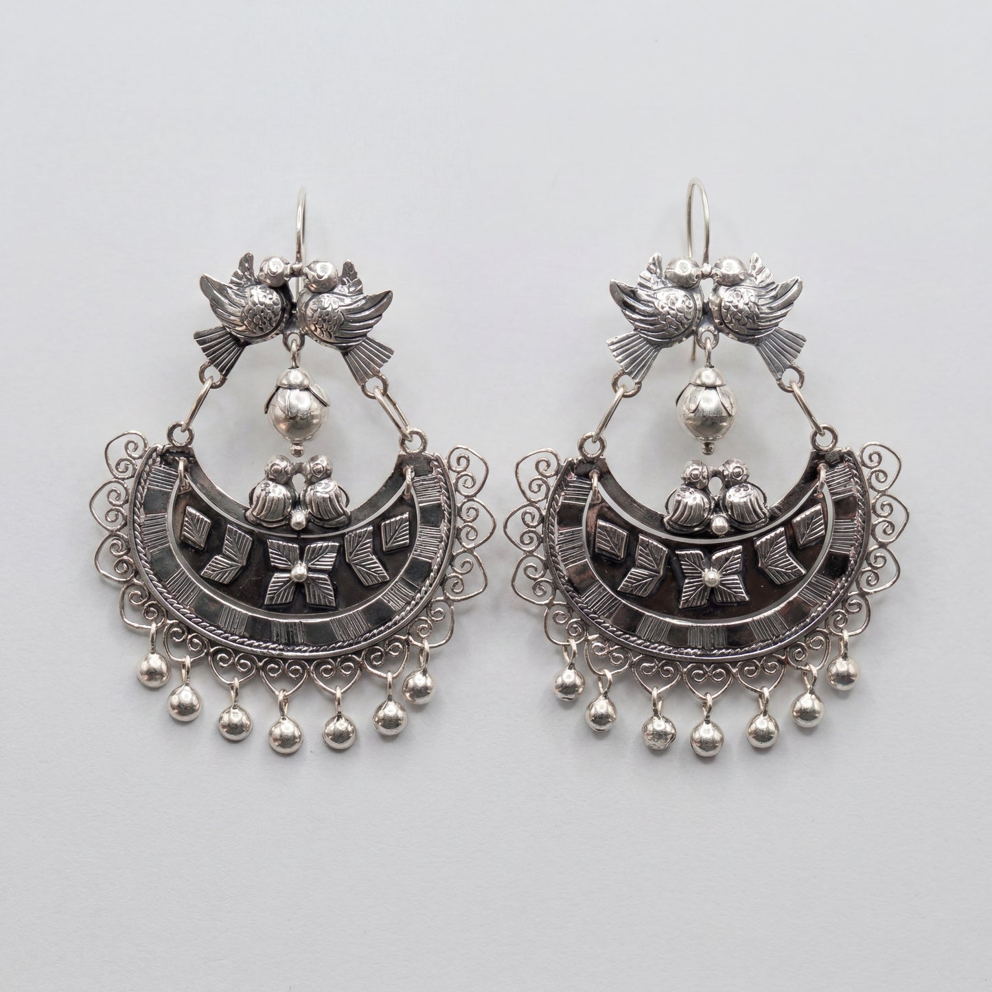 Mazahua Silver Dove Earrings with Silver Balls — Handmade Pure Silver Mexican Earrings
