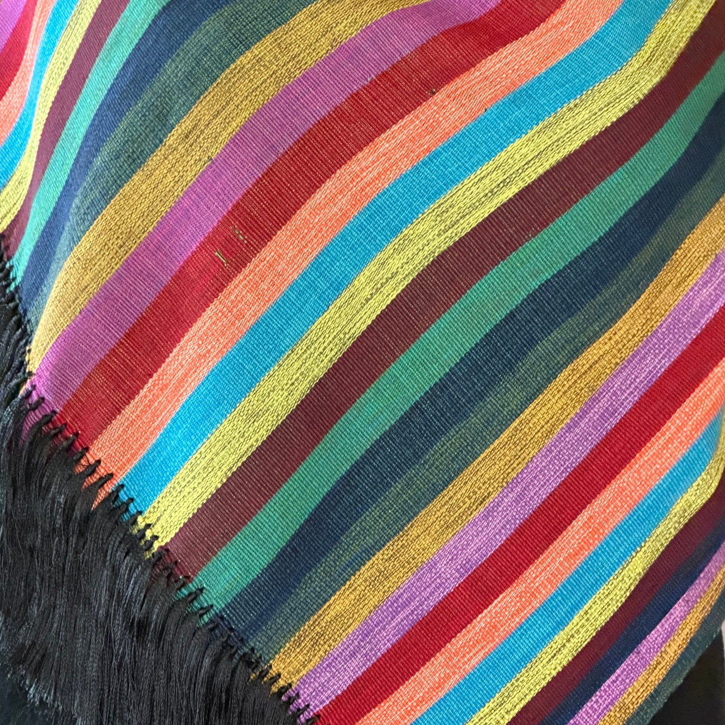 Detail of colorful stripe pattern on Purepecha backstrap-loom woven rebozo from Michoacán
