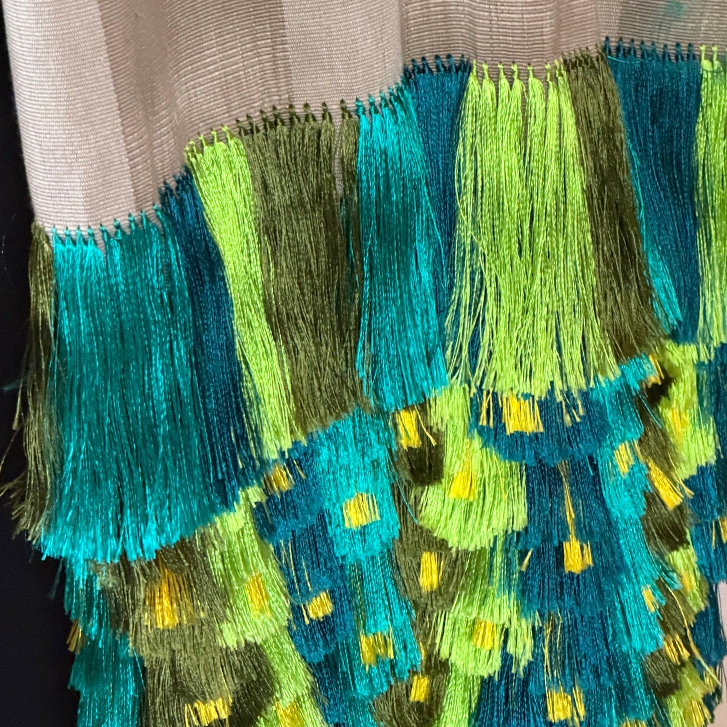 Detail of hand-tied silk rapacejo fringe on Purepecha ikat rebozo from Michoacán