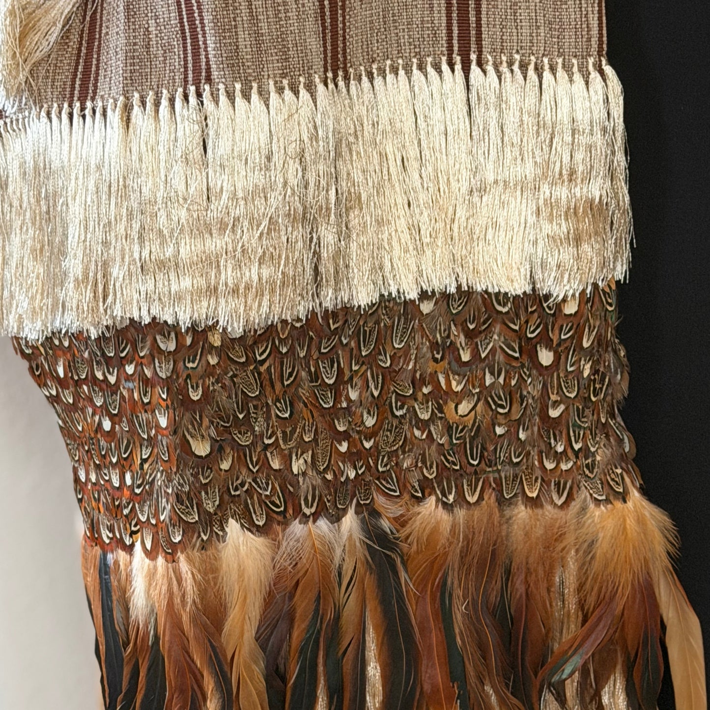 Purepecha rebozo with fringe and feathers