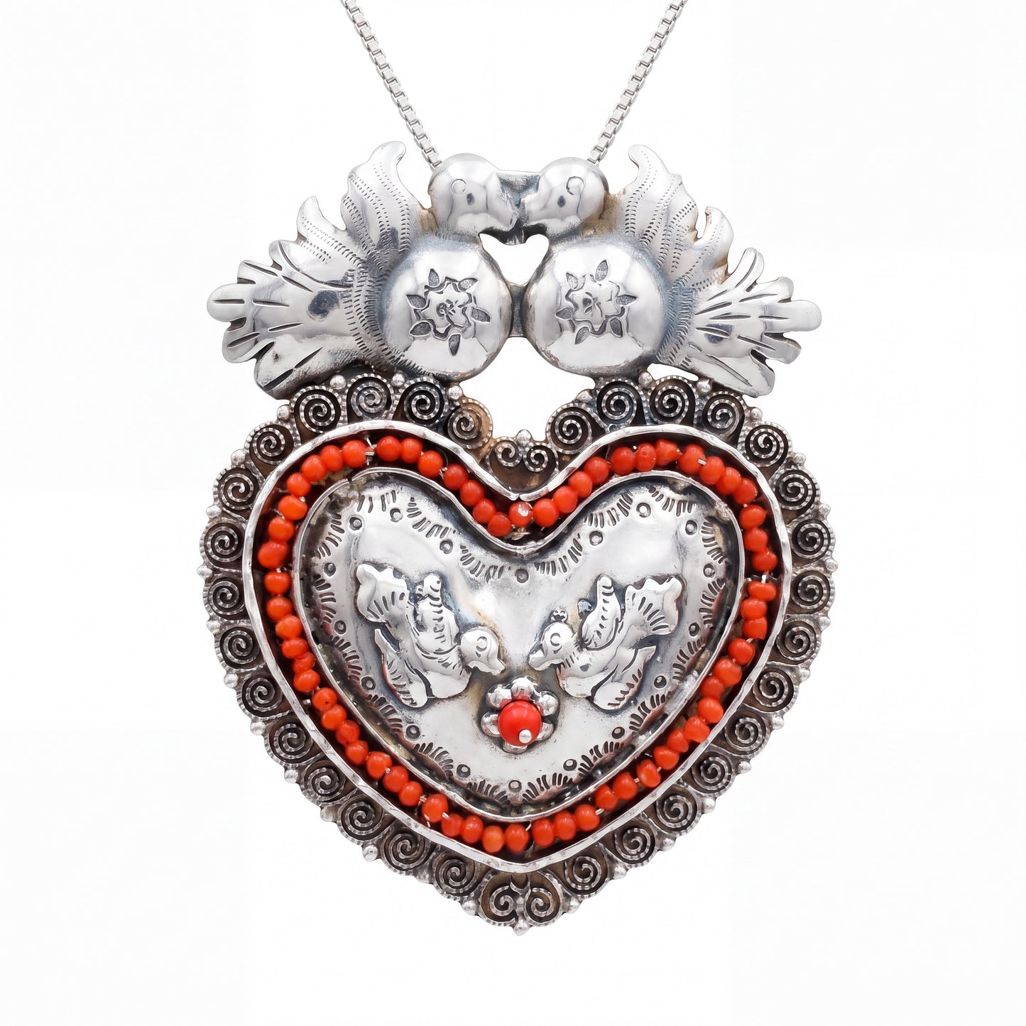 Oaxacan Silver filigree heart pendant with coral -pure silver, handmade.