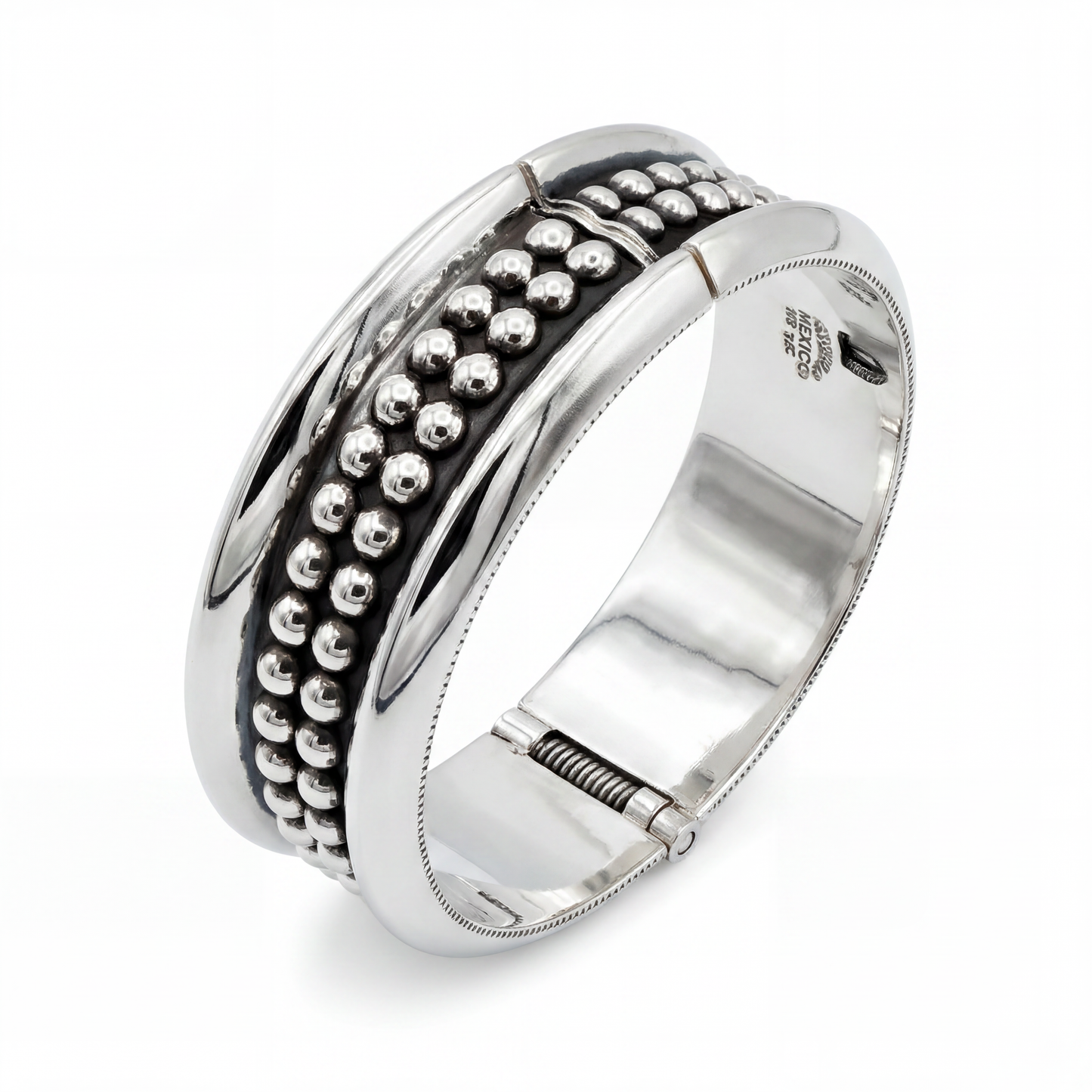 Double trouble Silver dot Taxco  clamper bracelet, modern design, vintage Taxco bracelet