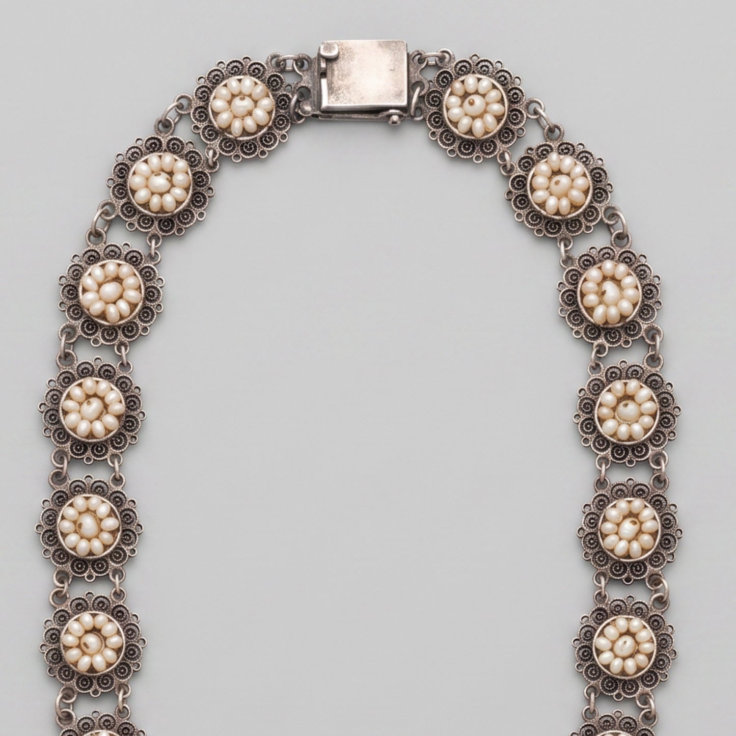 Oaxacan Silver Filigree Necklace with Pearls — Antique Mexican Jewelry circa 1980