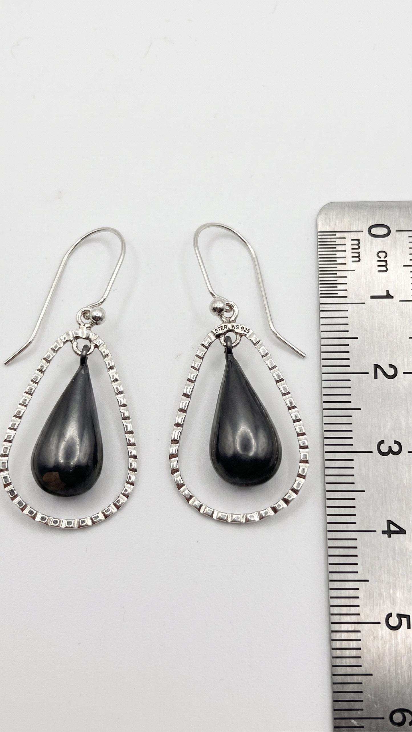 Taxco Silver Earrings - Pure Silver Drop Earrings with Gray Stone.
