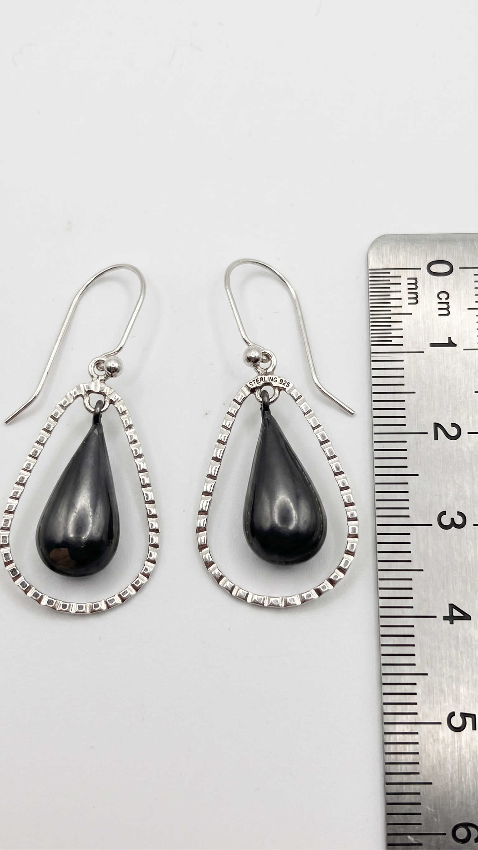 Taxco Silver Earrings - Pure Silver Drop Earrings with Gray Stone.