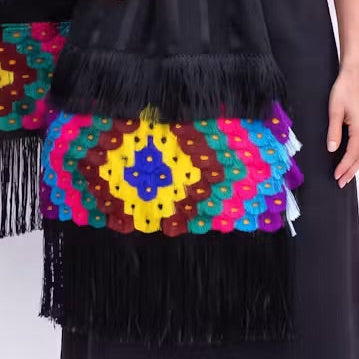 Black tonal stripe  Purepecha rebozo with ornate fringe or ‘flowers’
